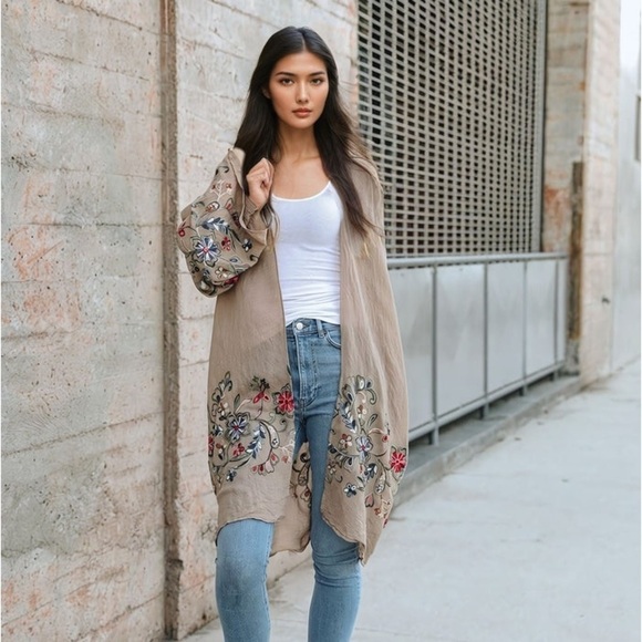 Tops - Fun In Florals Mocha Floral Embroidered Long Tan Cardigan Kimono